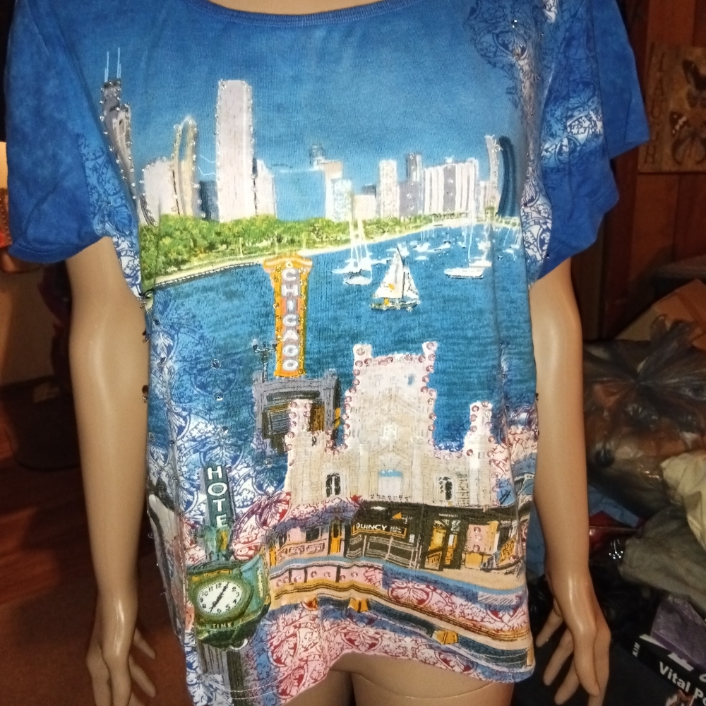 Blue Chicago Skyline Graphic Woman's T-Shirt. (XL)